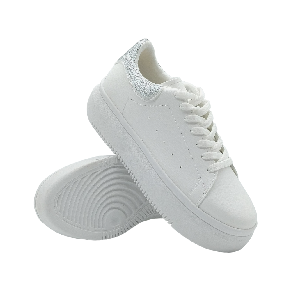 Tenis Sneakers Mujer Blanco Pedreria Plateada Plataforma 4cm 4001 –  Pattyglosstore